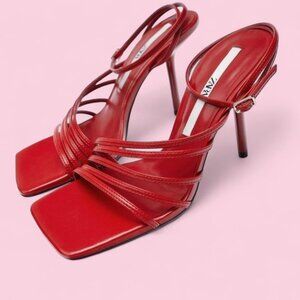 zara red strappy square toe heels